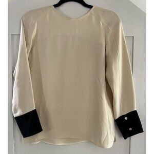 DEREK LAM Beige With Black Trim On Long Sleeve Silk Blouse Size US 6